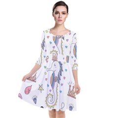 Seamless-pattern-cute-unicorn-cartoon-hand-drawn Quarter Sleeve Waist Band Dress by Jancukart