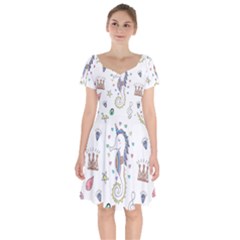 Seamless-pattern-cute-unicorn-cartoon-hand-drawn Short Sleeve Bardot Dress