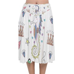 Seamless-pattern-cute-unicorn-cartoon-hand-drawn Velvet Flared Midi Skirt