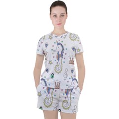 Seamless-pattern-cute-unicorn-cartoon-hand-drawn Women s Tee And Shorts Set