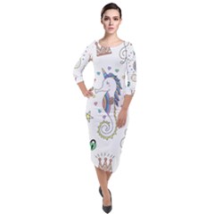 Seamless-pattern-cute-unicorn-cartoon-hand-drawn Quarter Sleeve Midi Velour Bodycon Dress