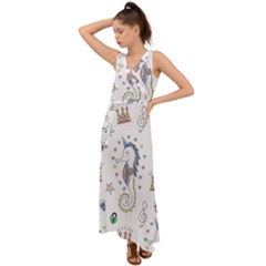 Seamless-pattern-cute-unicorn-cartoon-hand-drawn V-neck Chiffon Maxi Dress