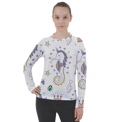 Seamless-pattern-cute-unicorn-cartoon-hand-drawn Women s Pique Long Sleeve Tee by Jancukart