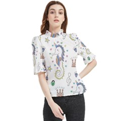 Seamless-pattern-cute-unicorn-cartoon-hand-drawn Frill Neck Blouse