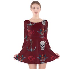 Tattoo-old-school-background-pattern Long Sleeve Velvet Skater Dress