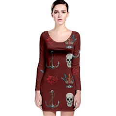 Tattoo-old-school-background-pattern Long Sleeve Velvet Bodycon Dress by Jancukart