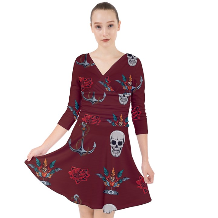 Tattoo-old-school-background-pattern Quarter Sleeve Front Wrap Dress