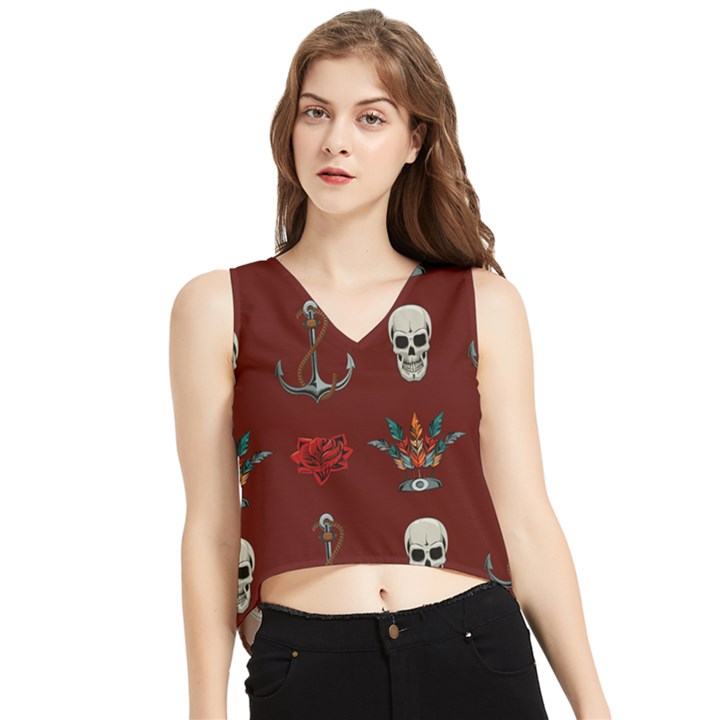 Tattoo-old-school-background-pattern V-Neck Cropped Tank Top