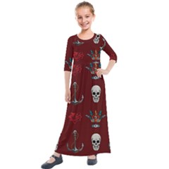 Tattoo-old-school-background-pattern Kids  Quarter Sleeve Maxi Dress