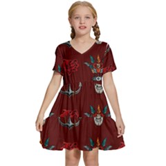 Tattoo-old-school-background-pattern Kids  Short Sleeve Tiered Mini Dress