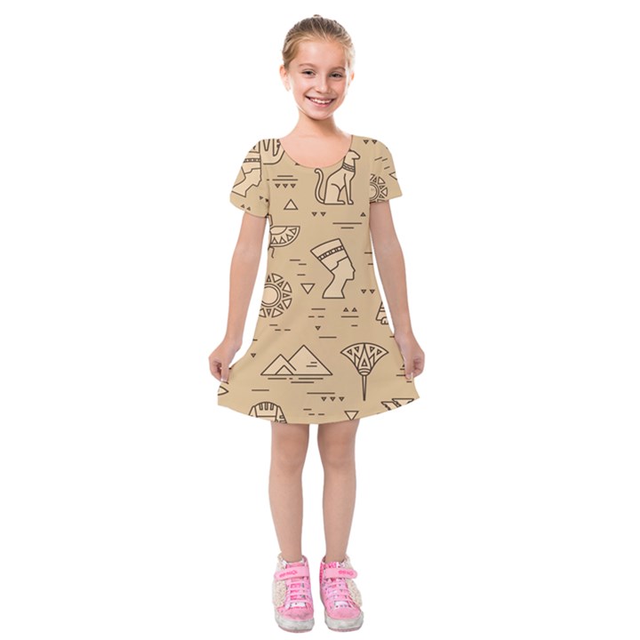 Egyptian-seamless-pattern-symbols-landmarks-signs-egypt Kids  Short Sleeve Velvet Dress