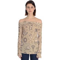 Egyptian-seamless-pattern-symbols-landmarks-signs-egypt Off Shoulder Long Sleeve Top