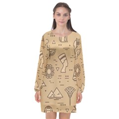 Egyptian-seamless-pattern-symbols-landmarks-signs-egypt Long Sleeve Chiffon Shift Dress 