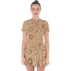 Egyptian-seamless-pattern-symbols-landmarks-signs-egypt Drop Hem Mini Chiffon Dress