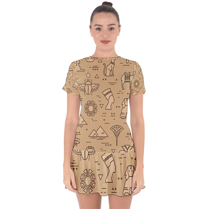 Egyptian-seamless-pattern-symbols-landmarks-signs-egypt Drop Hem Mini Chiffon Dress