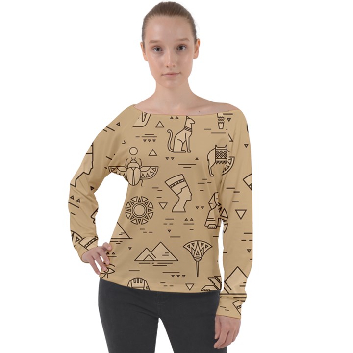 Egyptian-seamless-pattern-symbols-landmarks-signs-egypt Off Shoulder Long Sleeve Velour Top