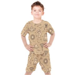 Egyptian-seamless-pattern-symbols-landmarks-signs-egypt Kids  Tee And Shorts Set