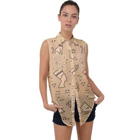 Egyptian-seamless-pattern-symbols-landmarks-signs-egypt Sleeveless Chiffon Button Shirt by Jancukart