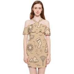 Egyptian-seamless-pattern-symbols-landmarks-signs-egypt Shoulder Frill Bodycon Summer Dress