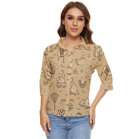 Egyptian-seamless-pattern-symbols-landmarks-signs-egypt Women s Quarter Sleeve Pocket Shirt by Jancukart