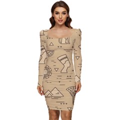 Egyptian-seamless-pattern-symbols-landmarks-signs-egypt Women Long Sleeve Ruched Stretch Jersey Dress by Jancukart