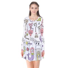 Fantasy-things-doodle-style-vector-illustration Long Sleeve V-neck Flare Dress