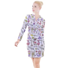 Fantasy-things-doodle-style-vector-illustration Button Long Sleeve Dress