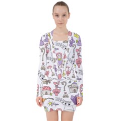 Fantasy-things-doodle-style-vector-illustration V-neck Bodycon Long Sleeve Dress