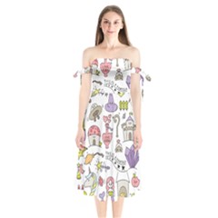 Fantasy-things-doodle-style-vector-illustration Shoulder Tie Bardot Midi Dress by Jancukart