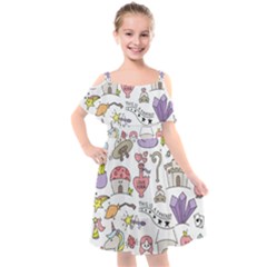 Fantasy-things-doodle-style-vector-illustration Kids  Cut Out Shoulders Chiffon Dress