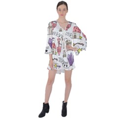 Fantasy-things-doodle-style-vector-illustration V-neck Flare Sleeve Mini Dress