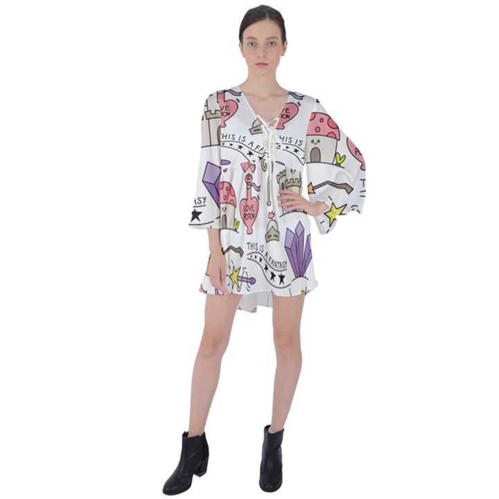 Fantasy-things-doodle-style-vector-illustration V-Neck Flare Sleeve Mini Dress