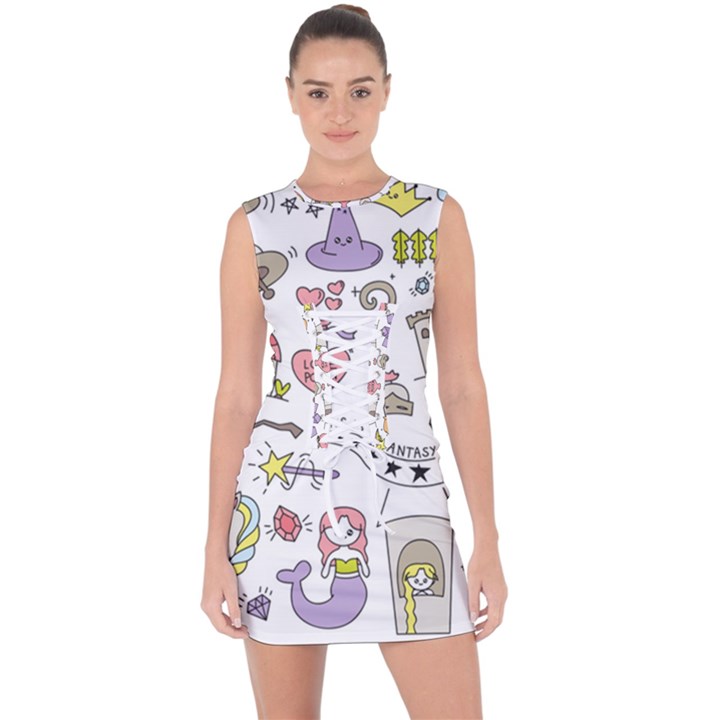 Fantasy-things-doodle-style-vector-illustration Lace Up Front Bodycon Dress