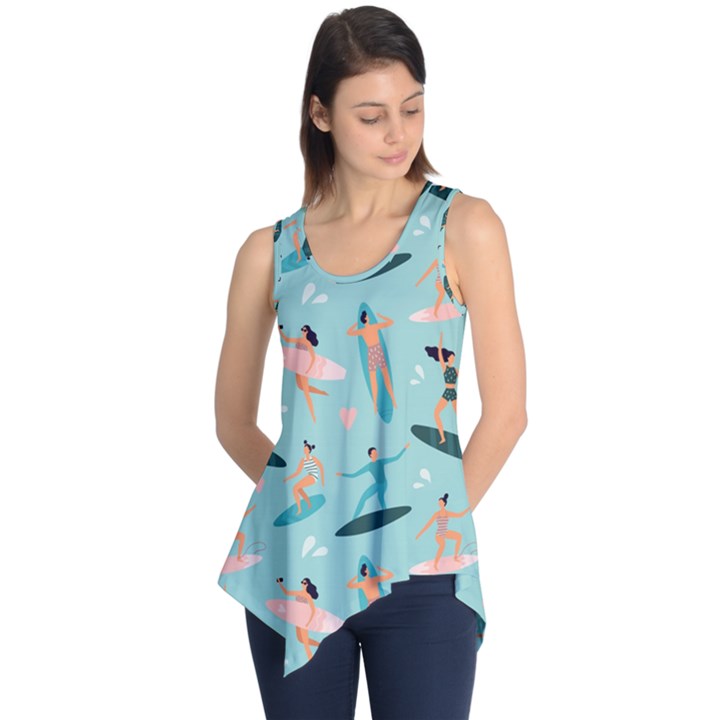 Beach-surfing-surfers-with-surfboards-surfer-rides-wave-summer-outdoors-surfboards-seamless-pattern- Sleeveless Tunic