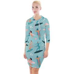 Beach-surfing-surfers-with-surfboards-surfer-rides-wave-summer-outdoors-surfboards-seamless-pattern- Quarter Sleeve Hood Bodycon Dress