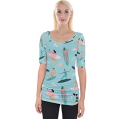 Beach-surfing-surfers-with-surfboards-surfer-rides-wave-summer-outdoors-surfboards-seamless-pattern- Wide Neckline Tee