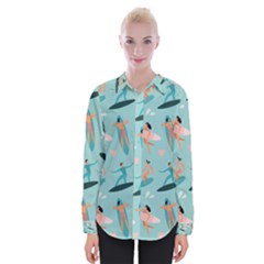 Beach-surfing-surfers-with-surfboards-surfer-rides-wave-summer-outdoors-surfboards-seamless-pattern- Womens Long Sleeve Shirt