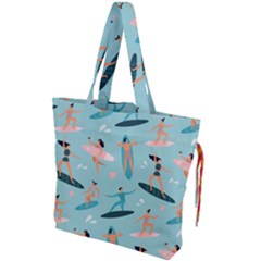 Beach-surfing-surfers-with-surfboards-surfer-rides-wave-summer-outdoors-surfboards-seamless-pattern- Drawstring Tote Bag