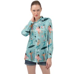 Beach-surfing-surfers-with-surfboards-surfer-rides-wave-summer-outdoors-surfboards-seamless-pattern- Long Sleeve Satin Shirt