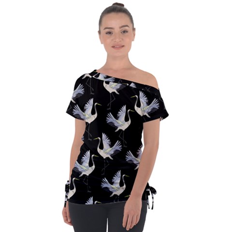 Crane-pattern Off Shoulder Tie-up Tee by Jancukart