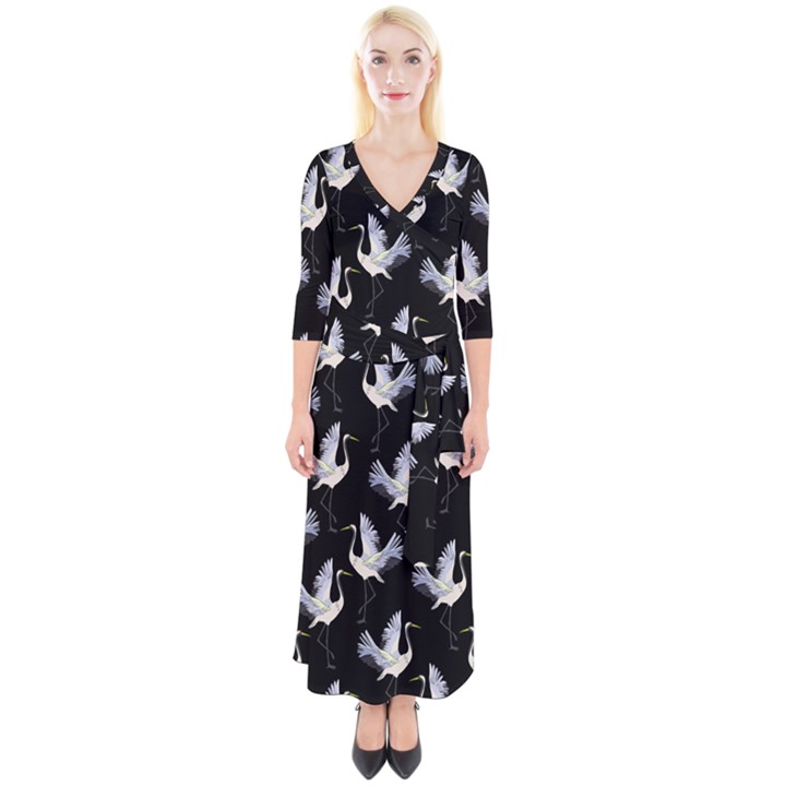 Crane-pattern Quarter Sleeve Wrap Maxi Dress