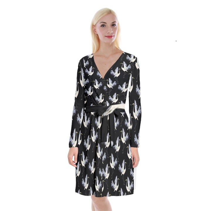 Crane-pattern Long Sleeve Velvet Front Wrap Dress