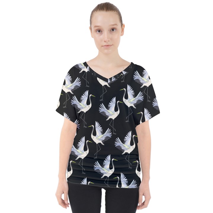 Crane-pattern V-Neck Dolman Drape Top