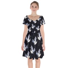 Crane-pattern Short Sleeve Bardot Dress