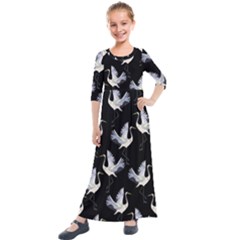 Crane-pattern Kids  Quarter Sleeve Maxi Dress