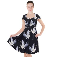 Crane-pattern Cap Sleeve Midi Dress