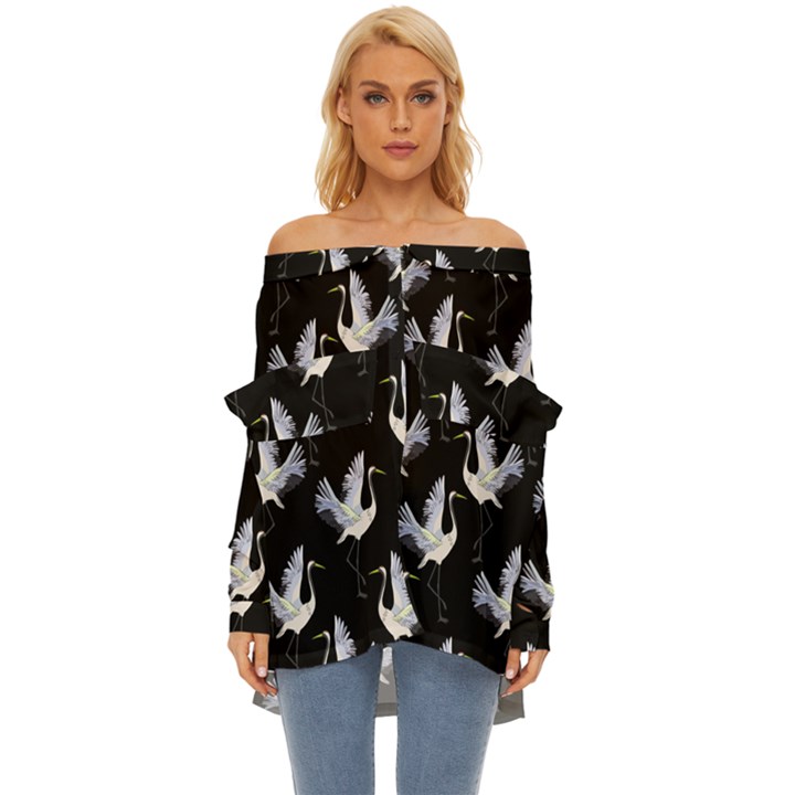 Crane-pattern Off Shoulder Chiffon Pocket Shirt