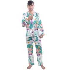 Set-cute-mermaid-seaweeds-marine-inhabitants Men s Long Sleeve Satin Pajamas Set by Jancukart