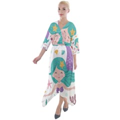 Set-cute-mermaid-seaweeds-marine-inhabitants Quarter Sleeve Wrap Front Maxi Dress