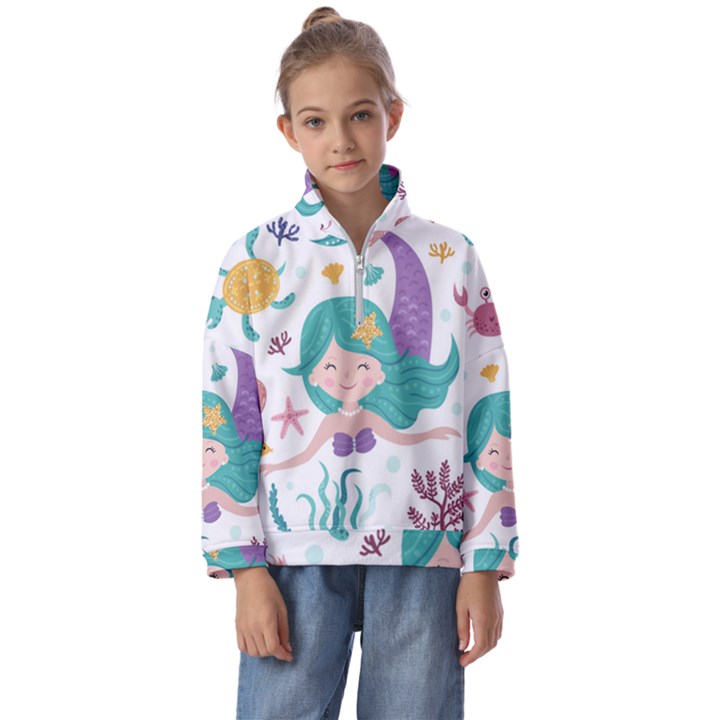 Set-cute-mermaid-seaweeds-marine-inhabitants Kids  Half Zip Hoodie